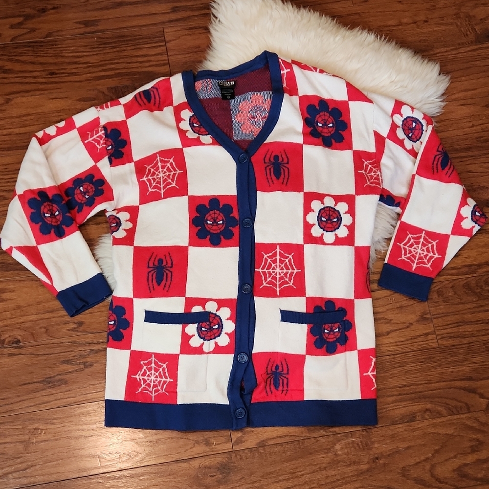 Marvel Spider-Man Floral Checkered Womens Cardigan
